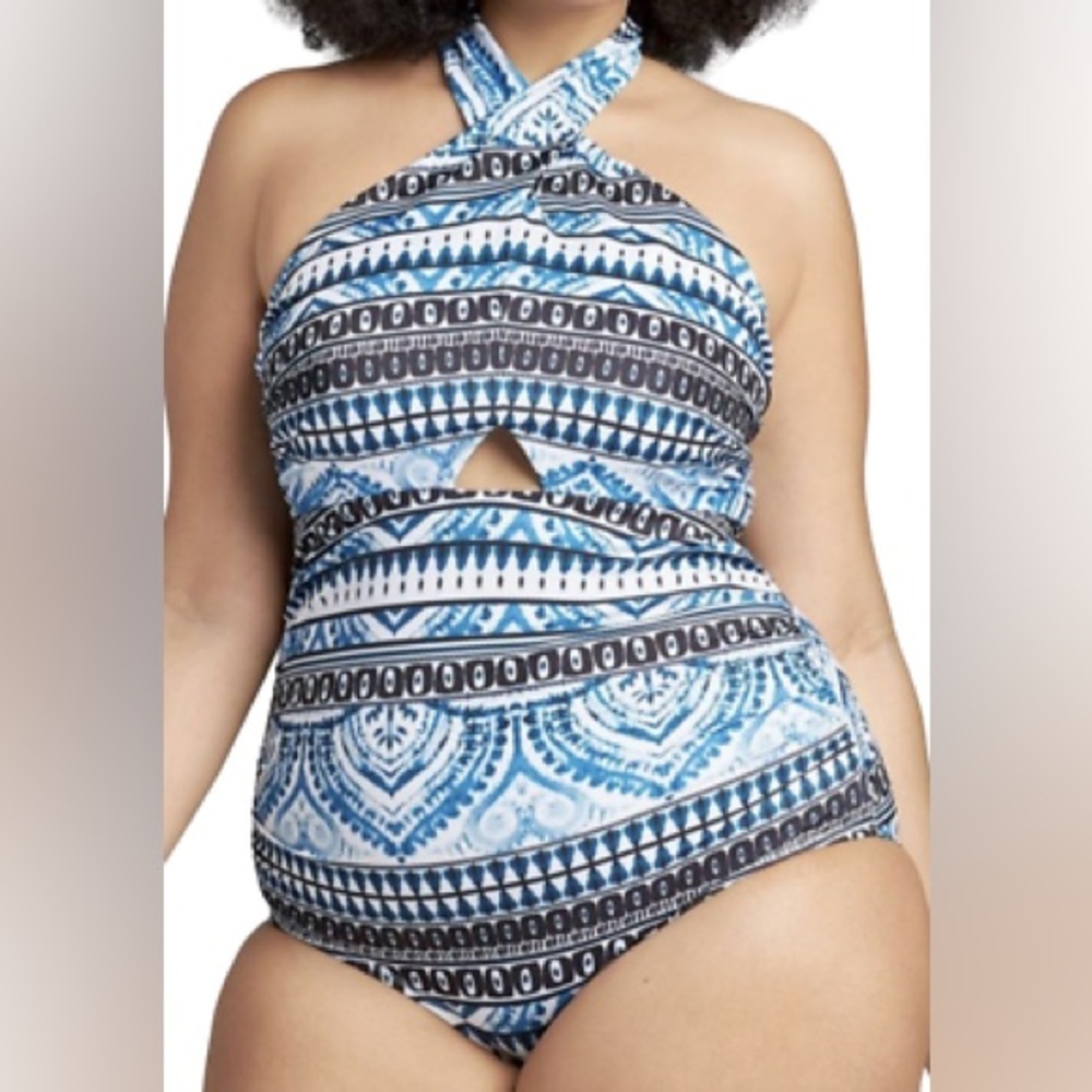 Cacique SWIM Tie-Neck Cutout No-Wire Swim One Piece Global Batik Swimsuit 28